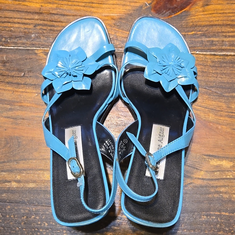 Etienne Aigner Petal Teal Floral Leather Sandals Size 8 - Picture 7 of 9